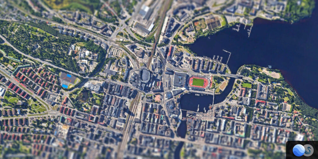 Satelliittikuva Tampereen keskustasta, missä Nokia-Areena on kaupungin uusi solmukohta.