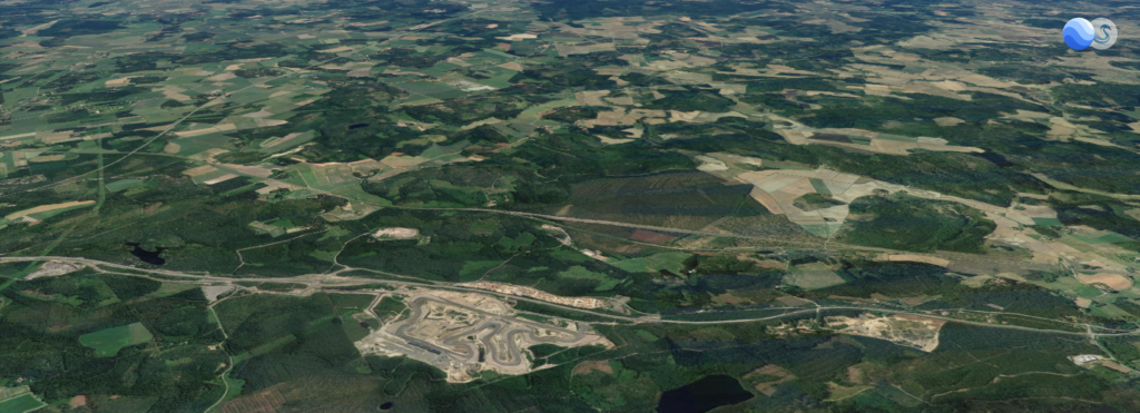 Satelliittikuva Kymenlaaksosta, missä erottuu Kymi Ring -moottorirata.