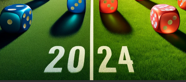 Kuvassa näkyy noppia ja vuosi 2024, viitaten suomen arpajaislain uudistuksen ajankohtaisuuteen.