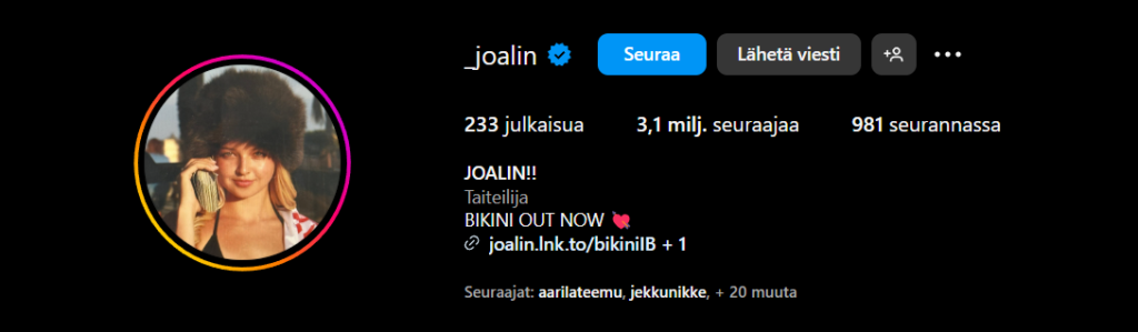 Kuuvankaappaus Joalinin Instagramista. Hänen seuraajamäränsä on yhteiskunnallisesti merkittävät 3.1 miljoonaa.