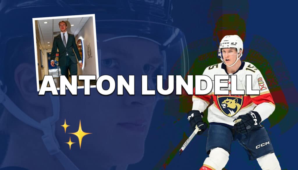 Kuvassa Anton Lundell, Florida Panthersin jääkiekkoilija, peliasussa jäällä ja muodollisesti pukeutuneena siviilissä. Taustalla näkyy lähikuva hänen kasvoistaan kypärän kanssa sekä joukkuetoveri hämärässä valaistuksessa. Kuvassa on Lundellin nimi suurin kirjaimin ja kaksi kolmet tähteä alakulmassa.