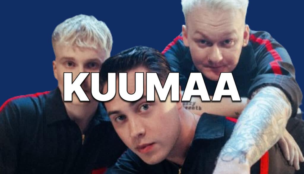 Esittelykuvassa Kuumaa yhtyeen aktiivijäsenet Johannes Brotherus, Jonttu Luhtavaara ja Aarni Soivio vierekkäin toverillisissa tunnelmissa. Kuvassa myös suuri "KUUMAA" teksti. 