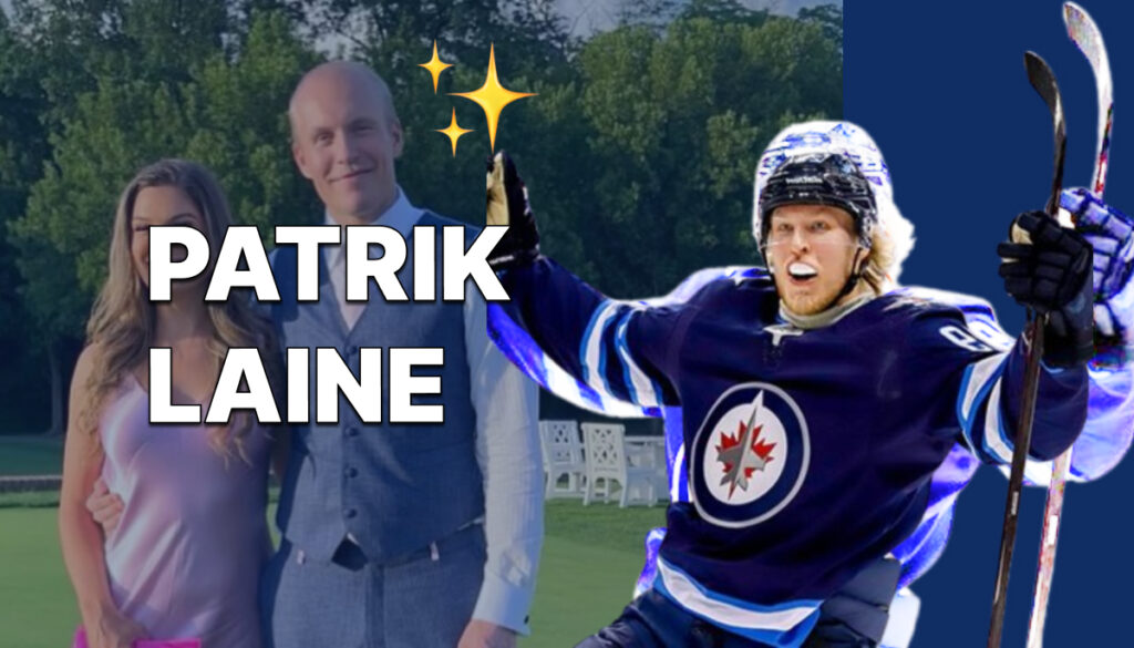 Vasemmalla on Patrik Laine yhdessä tyttöystävänsä Jordan Leighin kanssa. Oikealla Laine juhlii maalia Winnipeg Jetsin peliasussa. Kuvan keskellä lukee "PATRIK LAINE". Taustalla on vihreä nurmikko ja puita. Kuvassa toistuvat myös sinivalkoiset värit, viitateen siihen miten ylpeä aihe Laine on Suomelle. 