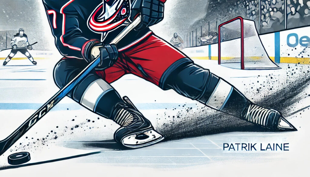 Kuvassa on Patrik Laine Columbus Blue Jacketsin peliasussa tekemässä voimakasta karvausta jääkiekkokaukalossa. Laine on täydessä pelivarustuksessa, ja taustalla näkyy jääkiekkokenttä laitoineen ja katsomossa olevine hahmoineen. Kuvassa korostuu toiminnan ja intensiteetin tuntu.