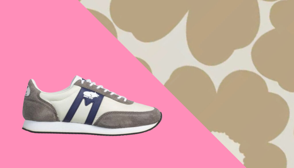 Kuvassa Marimekon kuosia ja legendaarinen suomalaisen vaatemerkki Karhun kenkä. Tuotteet viestivät minimalistisesta tyylistä.